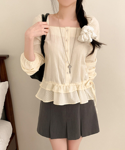 スクエアネックパフフリル長袖ブラウス CREAM