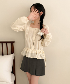 スクエアネックパフフリル長袖ブラウス CREAM