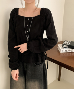 スクエアネックパフフリル長袖ブラウス BLACK