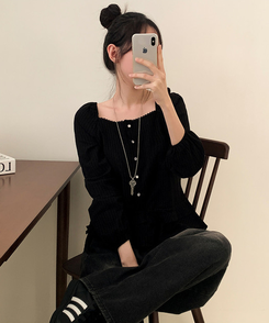 スクエアネックパフフリル長袖ブラウス BLACK