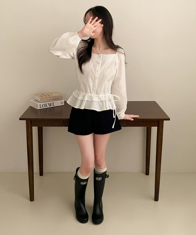 スクエアネックパフフリル長袖ブラウス WHITE