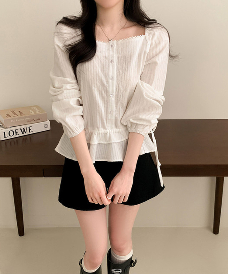 スクエアネックパフフリル長袖ブラウス WHITE