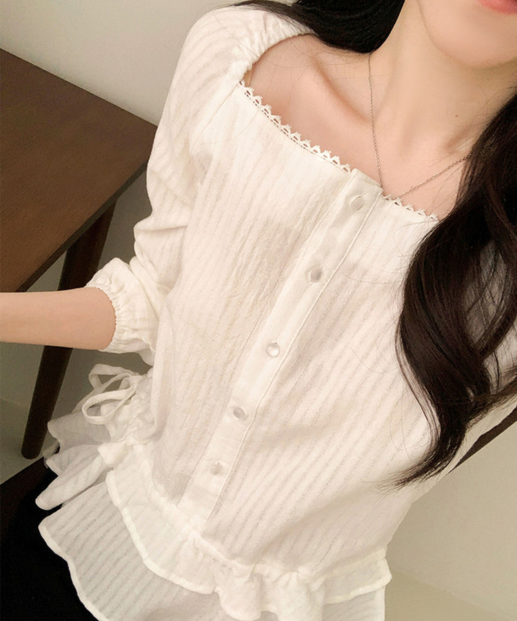 スクエアネックパフフリル長袖ブラウス WHITE