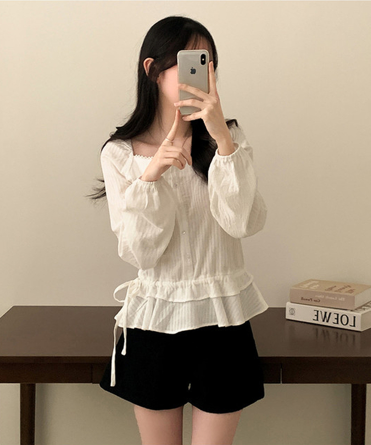 スクエアネックパフフリル長袖ブラウス WHITE