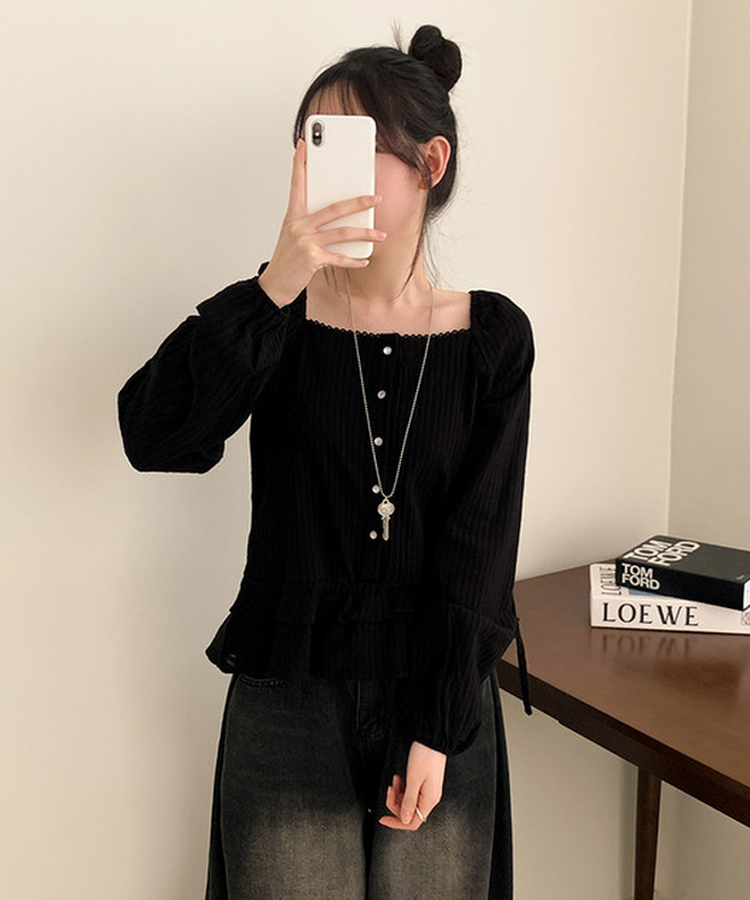 スクエアネックパフフリル長袖ブラウス BLACK