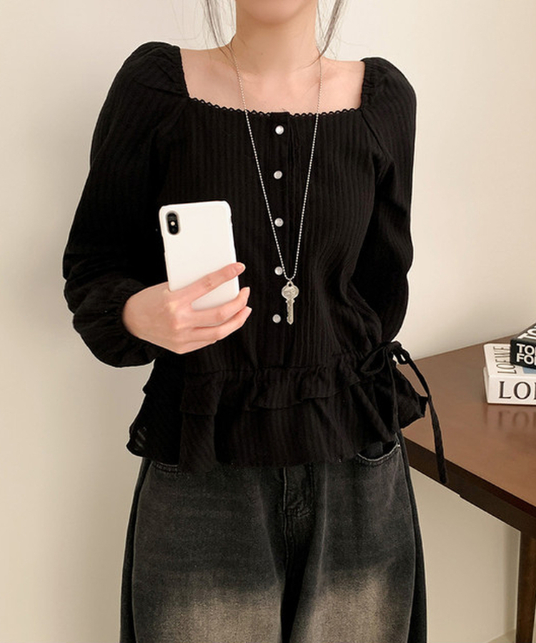 スクエアネックパフフリル長袖ブラウス BLACK