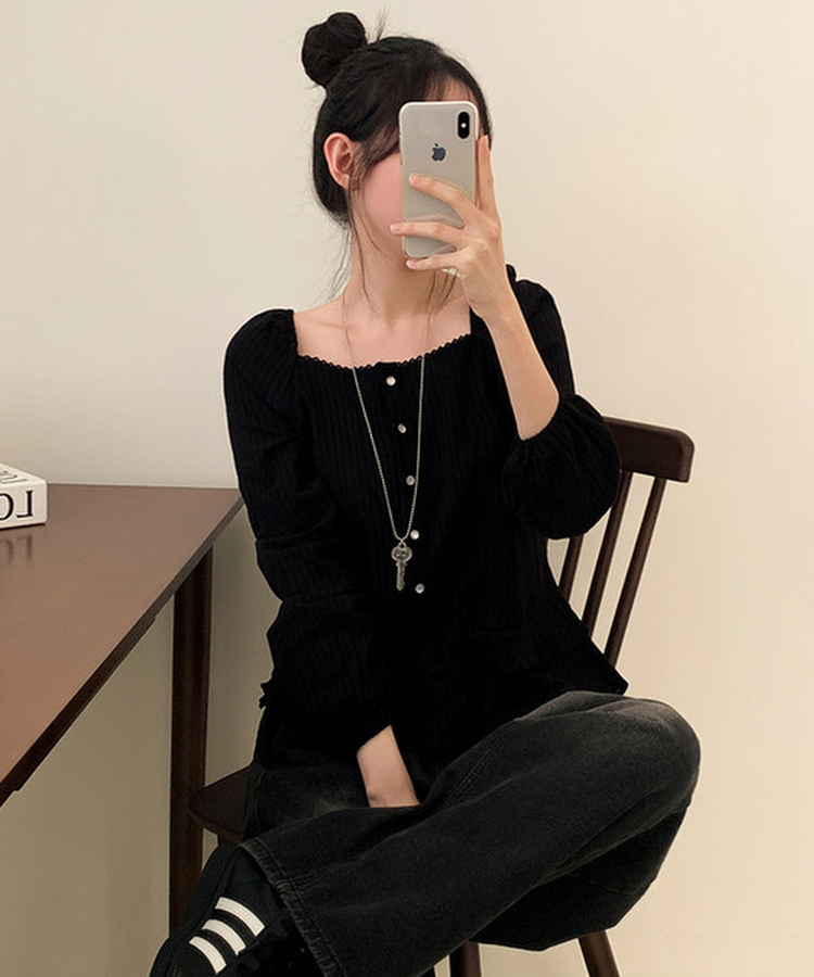 スクエアネックパフフリル長袖ブラウス BLACK