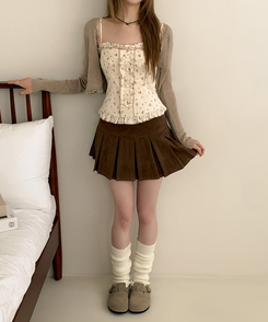 【SET】小花柄ハートボタンフリルキャミソールカーディガン BEIGE
