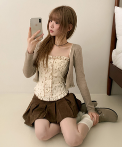 【SET】小花柄ハートボタンフリルキャミソールカーディガン BEIGE