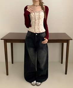 【SET】小花柄ハートボタンフリルキャミソールカーディガン RED