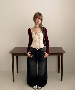 【SET】小花柄ハートボタンフリルキャミソールカーディガン RED