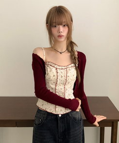 【SET】小花柄ハートボタンフリルキャミソールカーディガン RED