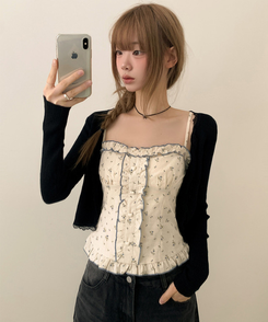 【SET】小花柄ハートボタンフリルキャミソールカーディガン BLACK