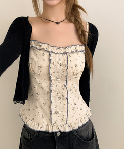 【SET】小花柄ハートボタンフリルキャミソールカーディガン BLACK