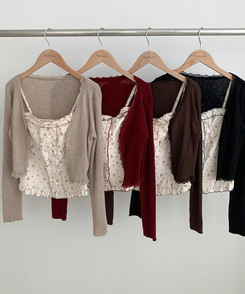 【SET】小花柄ハートボタンフリルキャミソールカーディガン