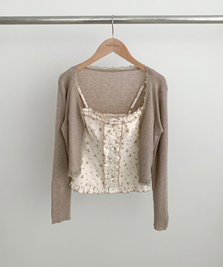 【SET】小花柄ハートボタンフリルキャミソールカーディガン