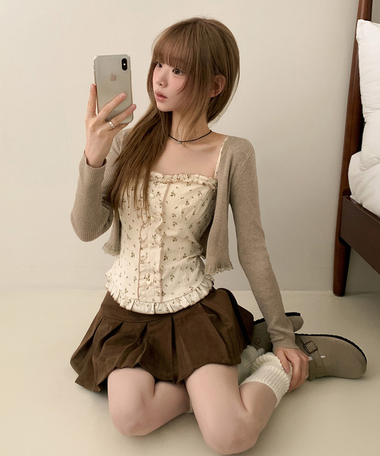 【SET】小花柄ハートボタンフリルキャミソールカーディガン BEIGE