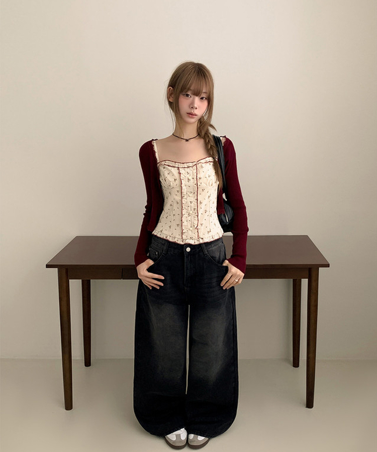 【SET】小花柄ハートボタンフリルキャミソールカーディガン RED