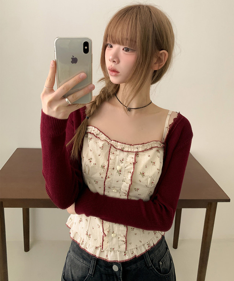 【SET】小花柄ハートボタンフリルキャミソールカーディガン RED