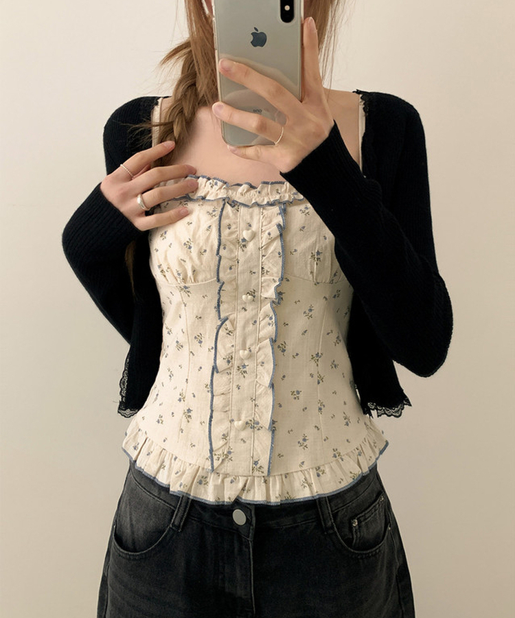 【SET】小花柄ハートボタンフリルキャミソールカーディガン BLACK