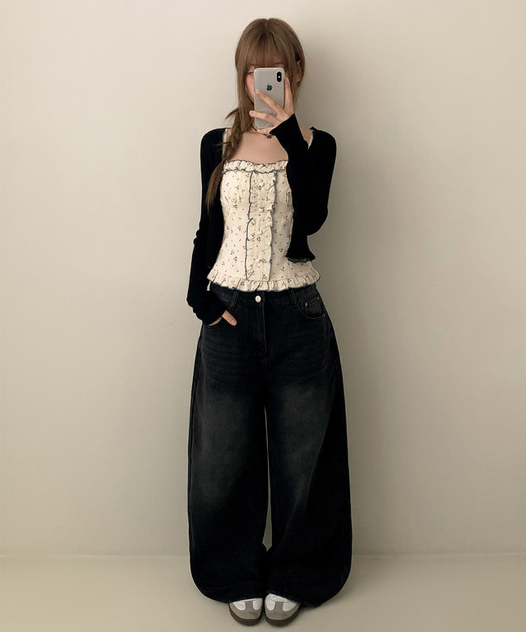 【SET】小花柄ハートボタンフリルキャミソールカーディガン BLACK