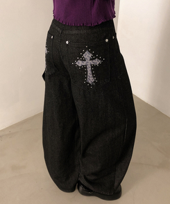 レオパードパッチスタッズワイドデニム BLACK