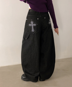 レオパードパッチスタッズワイドデニム BLACK