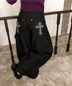 レオパードパッチスタッズワイドデニム BLACK