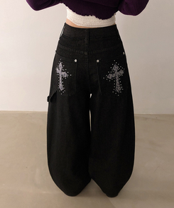 レオパードパッチスタッズワイドデニム BLACK