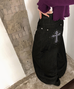 レオパードパッチスタッズワイドデニム BLACK