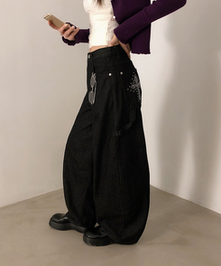 レオパードパッチスタッズワイドデニム BLACK