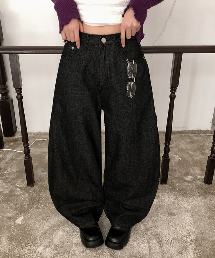 レオパードパッチスタッズワイドデニム BLACK