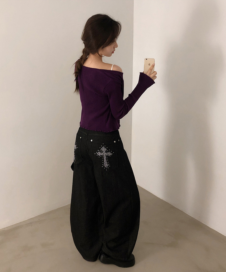 レオパードパッチスタッズワイドデニム BLACK