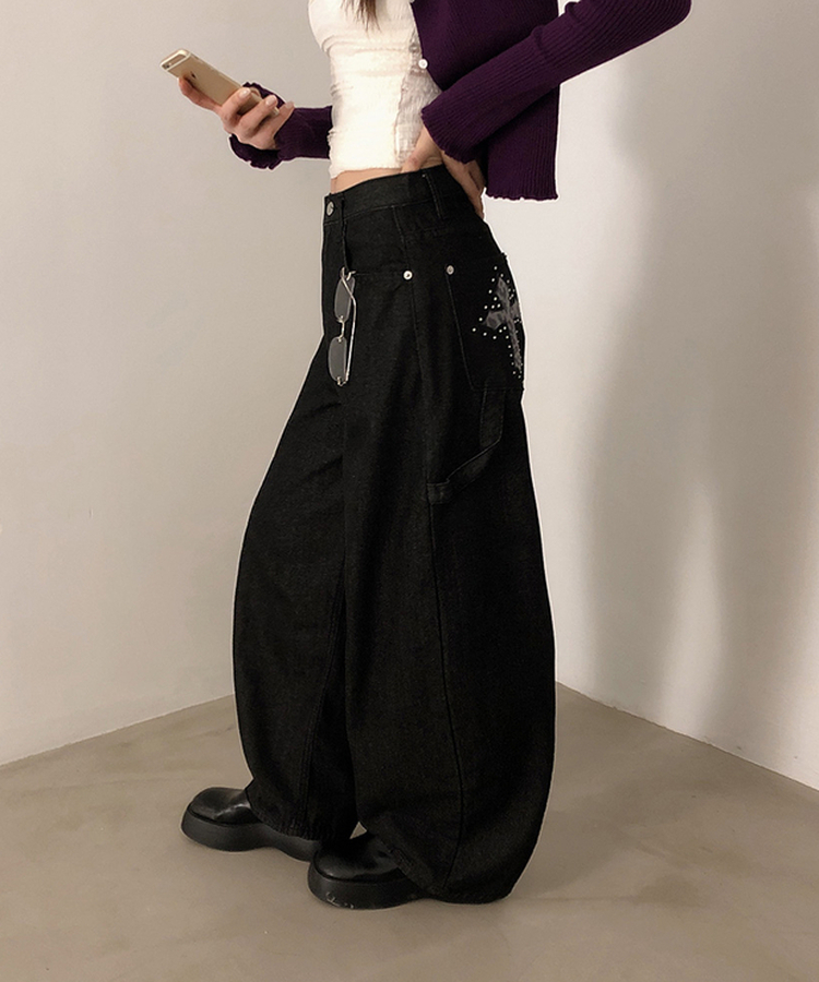 レオパードパッチスタッズワイドデニム BLACK