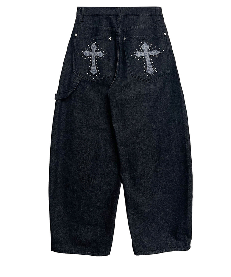 レオパードパッチスタッズワイドデニム