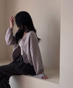 Vネックレザーラベルカーディガン(5color) PURPLE