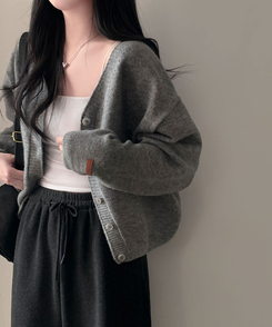 Vネックレザーラベルカーディガン(5color) GREY