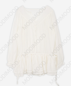 Vネックフリルシャーリングブラウス