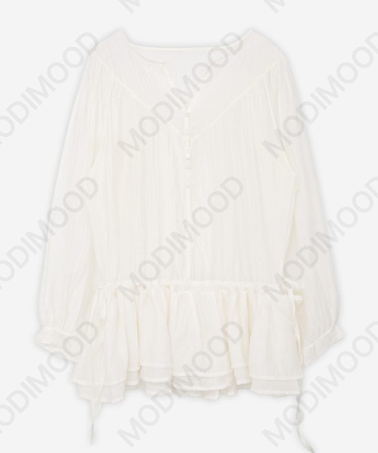 Vネックフリルシャーリングブラウス