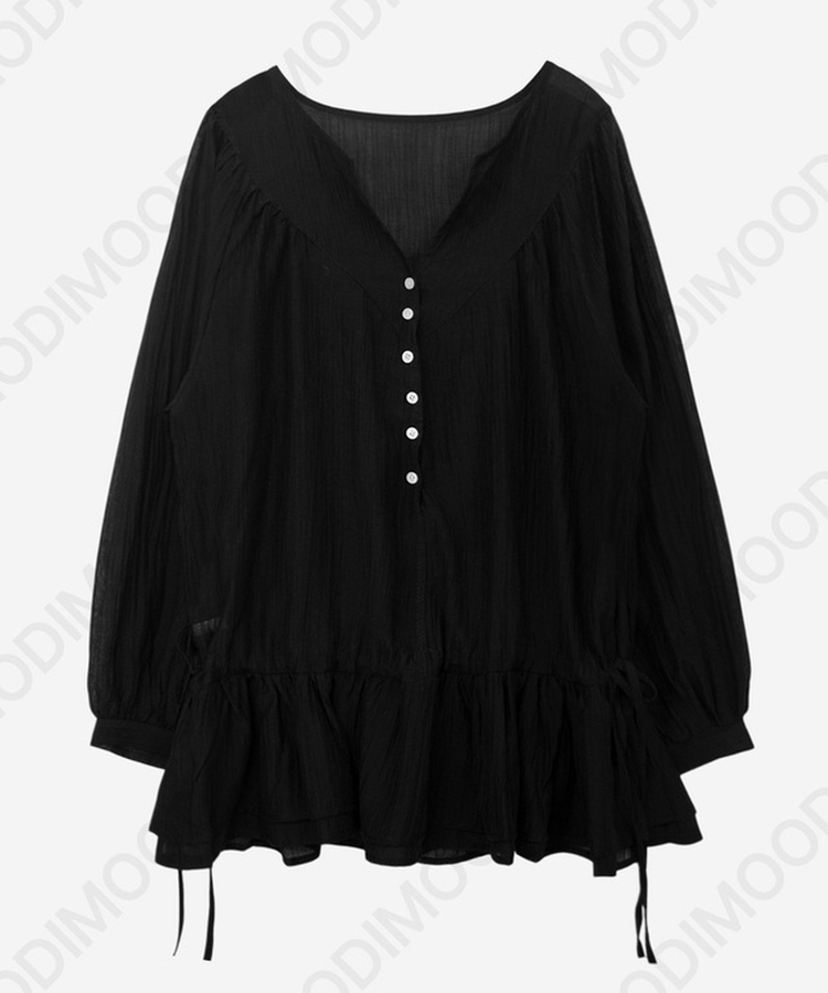 Vネックフリルシャーリングブラウス