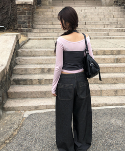 【SET】バイカラーホルターネックキャミソール長袖Tシャツ PINK