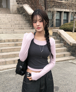 【SET】バイカラーホルターネックキャミソール長袖Tシャツ PINK