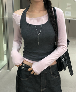 【SET】バイカラーホルターネックキャミソール長袖Tシャツ PINK