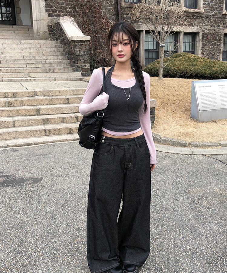 【SET】バイカラーホルターネックキャミソール長袖Tシャツ PINK