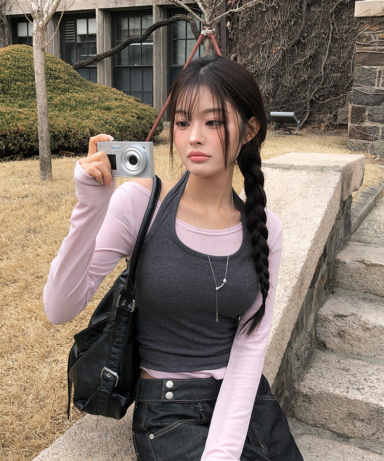 【SET】バイカラーホルターネックキャミソール長袖Tシャツ PINK