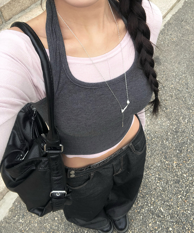 【SET】バイカラーホルターネックキャミソール長袖Tシャツ PINK