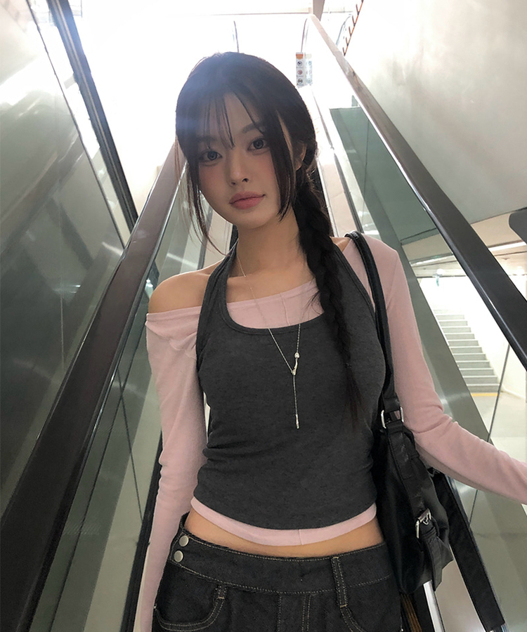 【SET】バイカラーホルターネックキャミソール長袖Tシャツ PINK