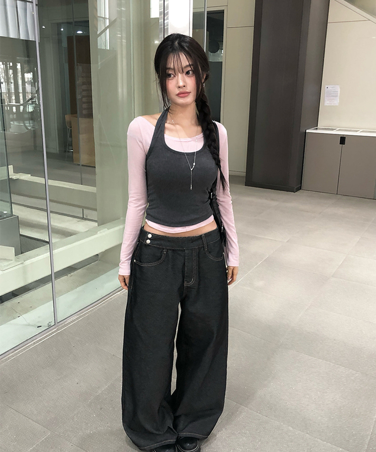 【SET】バイカラーホルターネックキャミソール長袖Tシャツ PINK