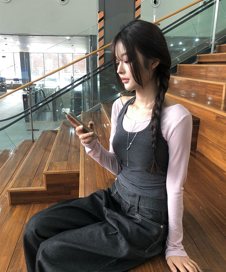 【SET】バイカラーホルターネックキャミソール長袖Tシャツ PINK