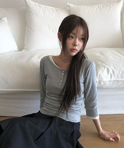 ラウンドボタン7分袖Tシャツ(5color) GREY